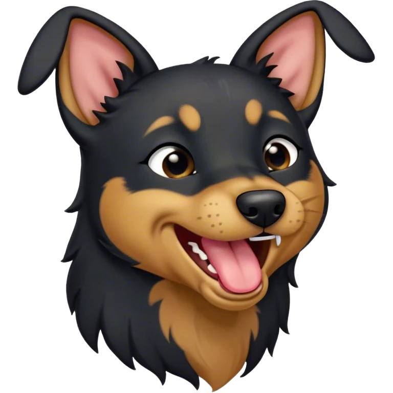 Cinematic Cute Yawning Black and Tan Kelpie Portrait Emoji, Head tilted slightly with a dramatic, wide-open yawn, showcasing a smooth black Fur with distinct tan accents, floppy ears slightly drooping, round dark eyes barely open in drowsy contentment, Simplified yet irresistibly adorable features, highly detailed, glowing with a soft, cozy glow, high shine, relaxed yet expressive, stylized with a touch of whimsy, bright and endearing, soft glowing outline, capturing the essence of a sleepy yet affectionate herder, so drowsy it feels like it could stretch out of the screen and curl up for a nap! emoji