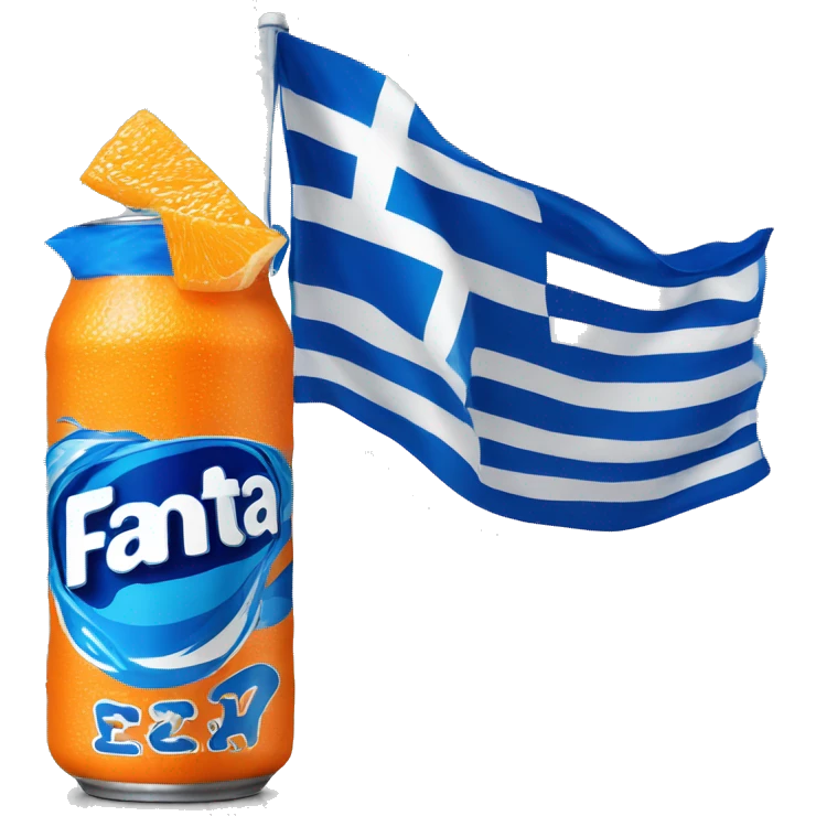Blue Fanta can with Greek flag printed. An orange next to it emoji