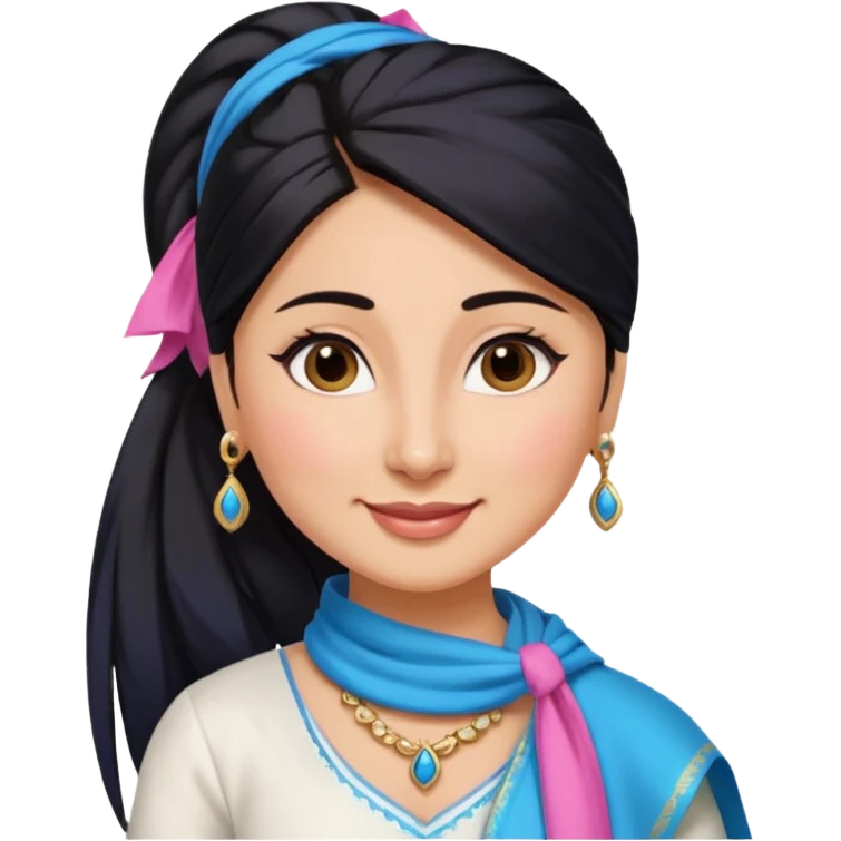 generate a pretty bratz emoji that looks like Kareena Kapoor's Geet character. 
Make her wear a white shirt with a colorful blue-pink dupatta wrapped around her neck. smiling big. Black hair tied into a side part ponytail

She should look like Kareena Kapoor emoji
