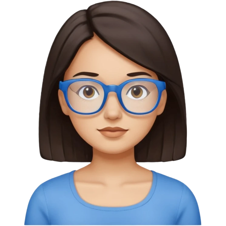 mujer de 30 años, cabello marron oscuro, ANTEOJOS CELESTE BLANCOS, top celeste escote cuadrado, piel blanca, cara redonda emoji