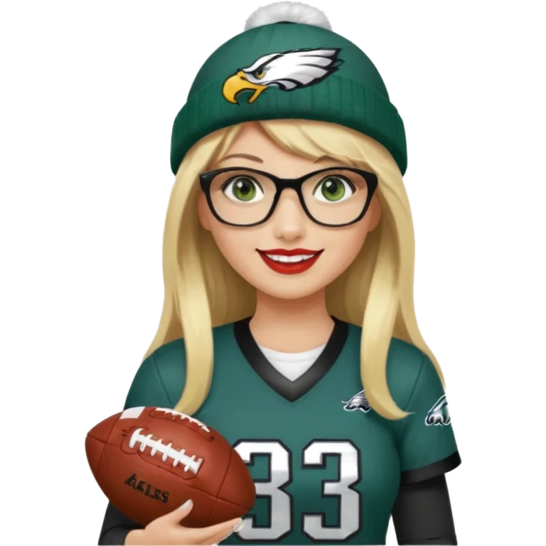 full length women wearing eagles uniform, long blonde hair, styled bangs, green eyes, black rectangle glasses, holding football, number 33, smiling, lipstick, eagles beanie emoji