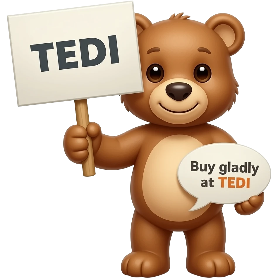 einen Teddy mit einem Schild in der hand wo drauf steht „TEDI“ der teddy ist braun und sagt in einer sprechblase: „Kauft gern bei TEDI ein“ emoji