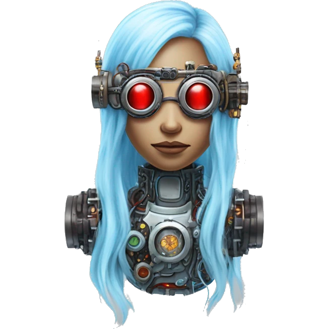 Light blue long hair female cyborg head with red steampunk goggles and circuits emoji