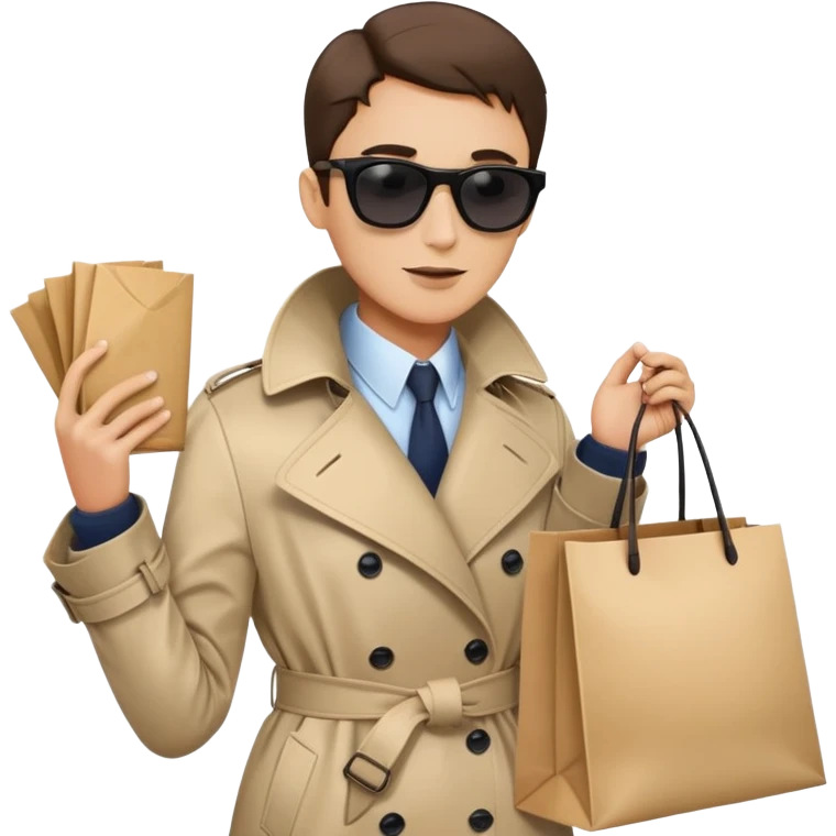 mystery shopper in trench coat, sunglasses, holding a shopping bag emoji