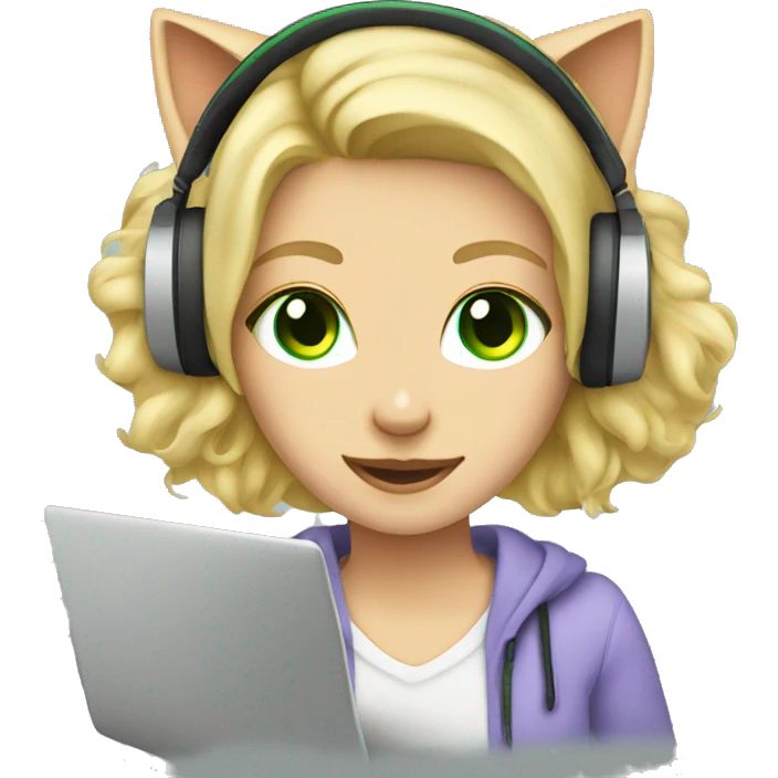 blonde girl green eyes and cat headphones with laptop emoji