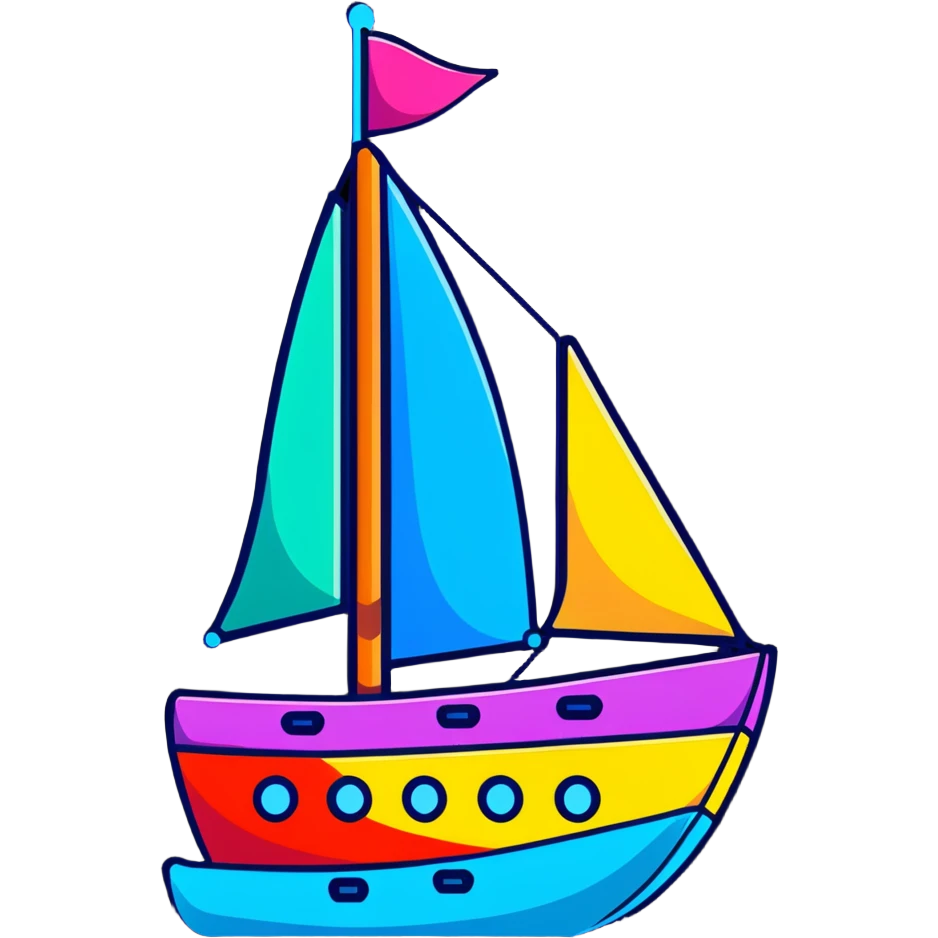 A cartoon toy sailboat with a beaming happy face, colorful sails and tiny portholes emoji