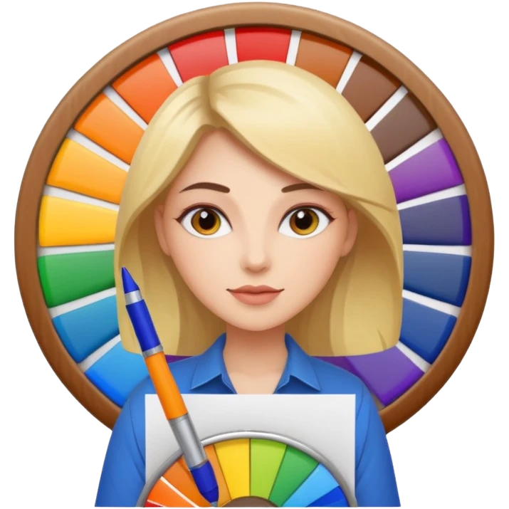 female graphic designer , color wheel, pens, papers emoji