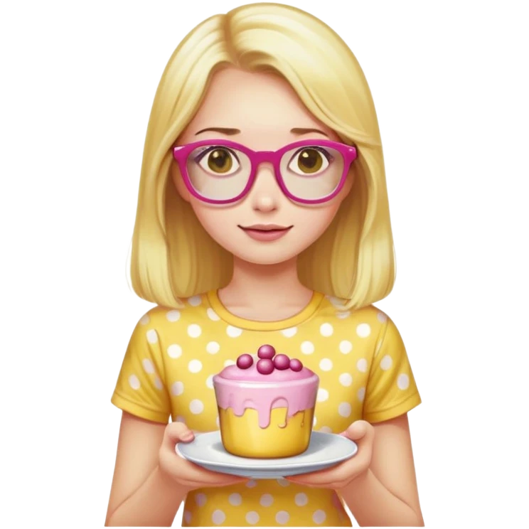 a girl with long lashes, long blonde hair, pink glasses, wearing a yellow polka dot t-shirt, holding a pudding emoji