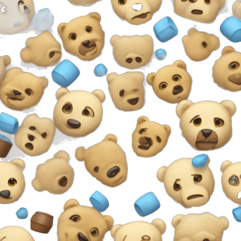 Oso de peluche beige, con nariz café, cuerpo flacucho y pañal azul claro, con un volado azul claro y amarillo claro  emoji