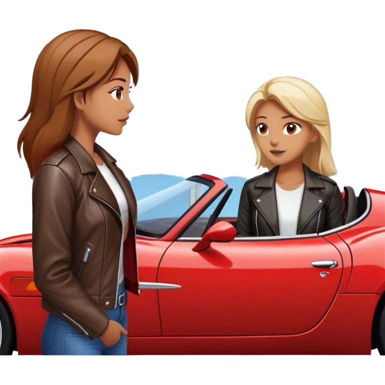 woman standing outside sports car talking to man inside sports car with window down emoji
