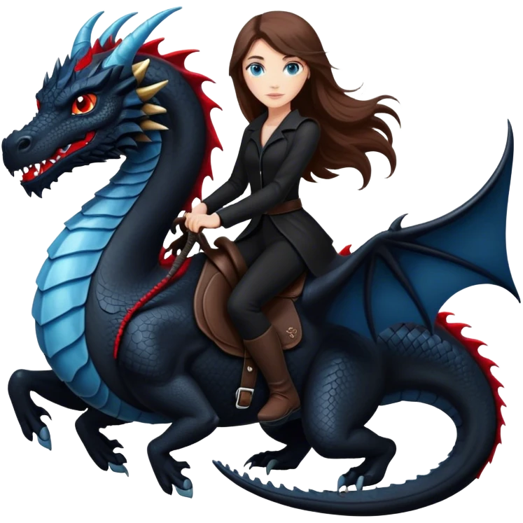 Me, a white female with long brown hair and blue eyes, wearing nothing but black clothes, and riding a VERY BLACK dragon with HINTS of RED, to your work emoji