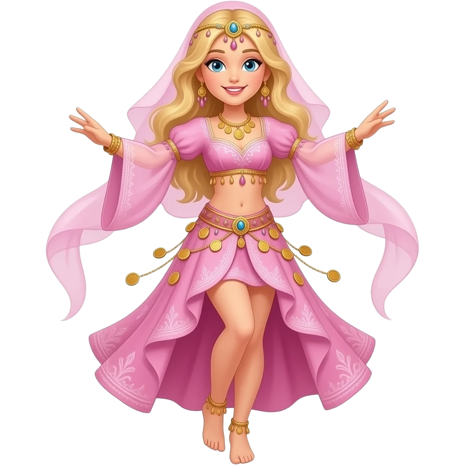 девушка с блондом волосами танцует восточные танцы в розовом костюме восточном отдельно топ и и короткая юбка с монетами emoji