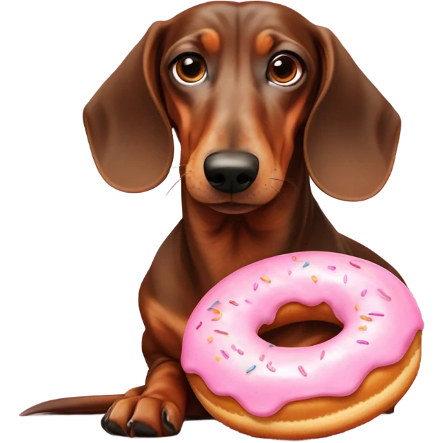 Old dachshund with guilty eyes laying down licking a pink frosted doughnut in front of it emoji