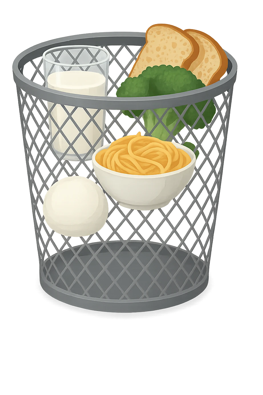 SECCHIO DELLA SPAZZATURA DENTRO CUI CADE UNA MOZZARELLA, UN BICCHIERE DI LATTE, UNA BOWL DI PASTA, QUALCHE BROCCOLO, QUALCHE FETTINA DI PANE emoji