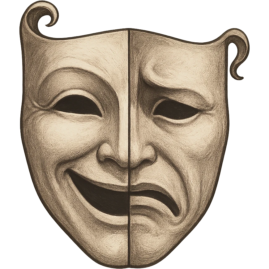 a two-faced mask, split down the middle, one side smiling and one side frowning, dramatic theater style emoji