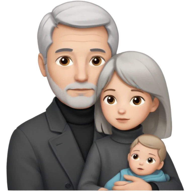 A father with silver-grey hair styled neatly and a clean-shaven face, wearing a dark turtleneck and wool coat, holding his girl child gently. The child has light brown hair and a soft white dress. Warm cinematic lighting, emotional close-up. emoji