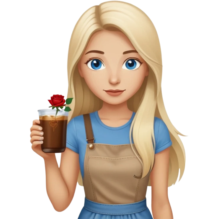 Turkish beautiful finish Konya girl long blonde hair and blue eyes with beige denim dress and had on her hand Rose Cold brew coffee   emoji