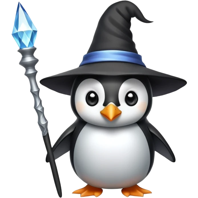 A penguin wizard with a pointy hat and a magic wand emoji