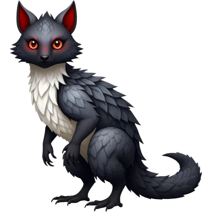 a white exotic edgy vernid-fionbri-creature, with black belly and red eyes, full body emoji