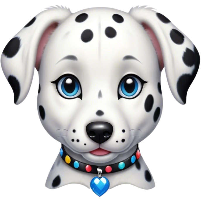 Cinematic Cute Harlequin Dalmatian Portrait Emoji, Head tilted playfully and inquisitively, featuring a glossy Fur of predominantly white with dynamic black patches, round, sparkling blue eyes filled with gentle curiosity, Simplified yet irresistibly adorable features, highly detailed, glowing with a warm, friendly glow, high shine, affectionate and gentle, stylized with a touch of whimsy, bright and endearing, soft glowing outline, capturing the essence of a mischievous yet loving pup, so playful it feels like it could lumber out of the screen and into your arms! emoji