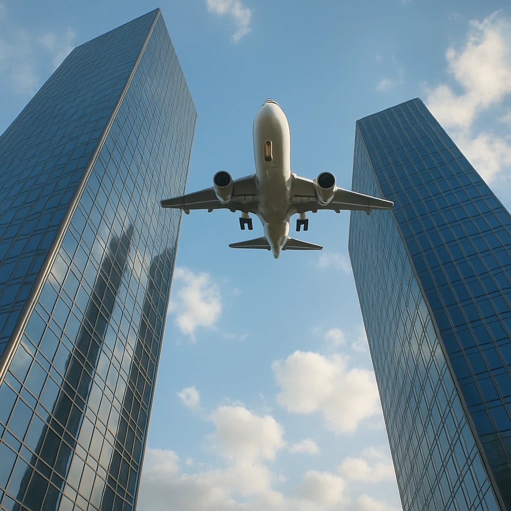 two skyscrapers and a plane that flyes to them, realism style, daytime emoji