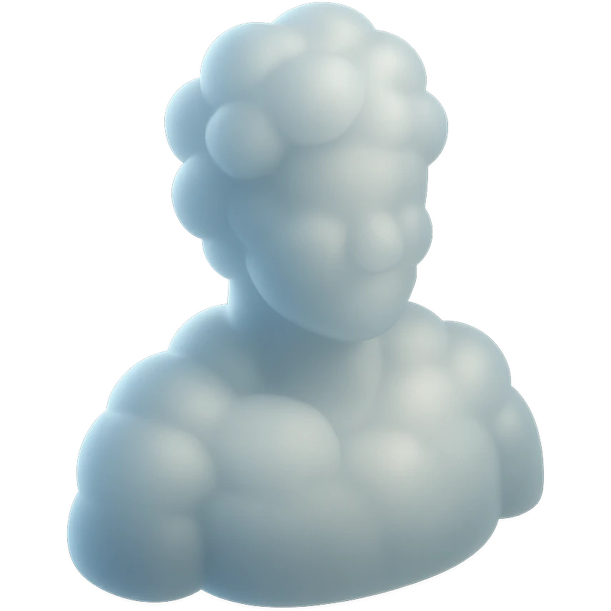 person made entirely of white fluffy convex clouds, shoulder up, front view, matte glass style, no background emoji
