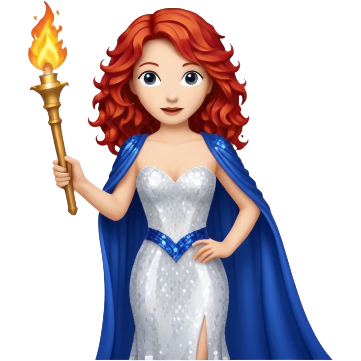 Torch Lady from Film Studios with red wavy hair, white sequin gown, royal blue sequin drape, holding torch emoji