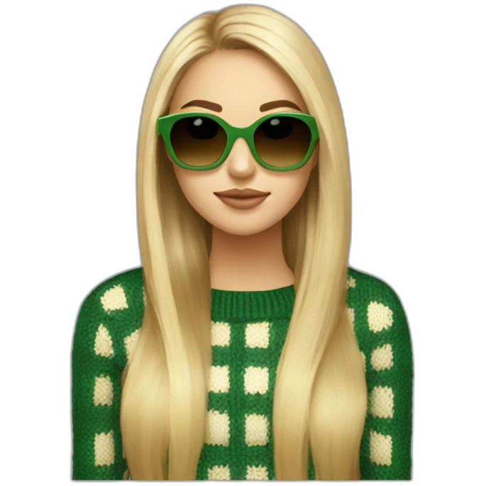 a blonde girl with highlights, long hair, hair parted in the middle and a square head shape wearing yellow brownish sunglasses and a knitted checkered green an beige jumper emoji