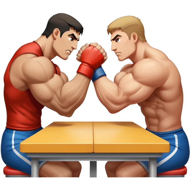 Two powerful arms locked in an intense arm wrestling competition. One arm is strong and steady, while the other strains to push back. The background shows a simple table with a focus on the clash of strength and determination. Transparent background. emoji