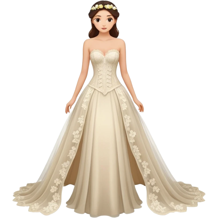 A romantic strapless A-line wedding gown with a sheer lace corset bodice and flowing floral applique skirt. emoji
