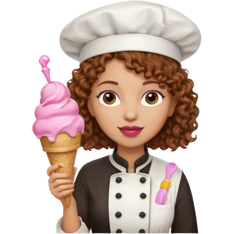 woman brown curly hair, chef, eating pink ice cream emoji