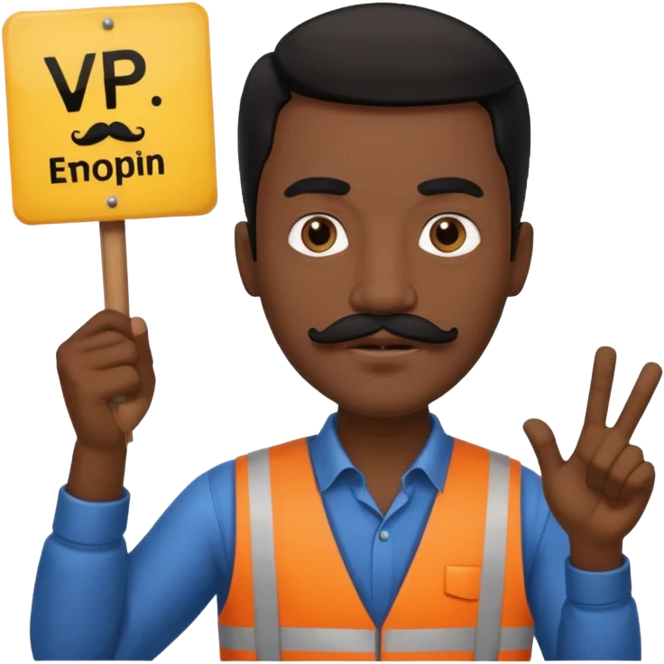 Black haired man with black mustache holding a sign that says VP emoji