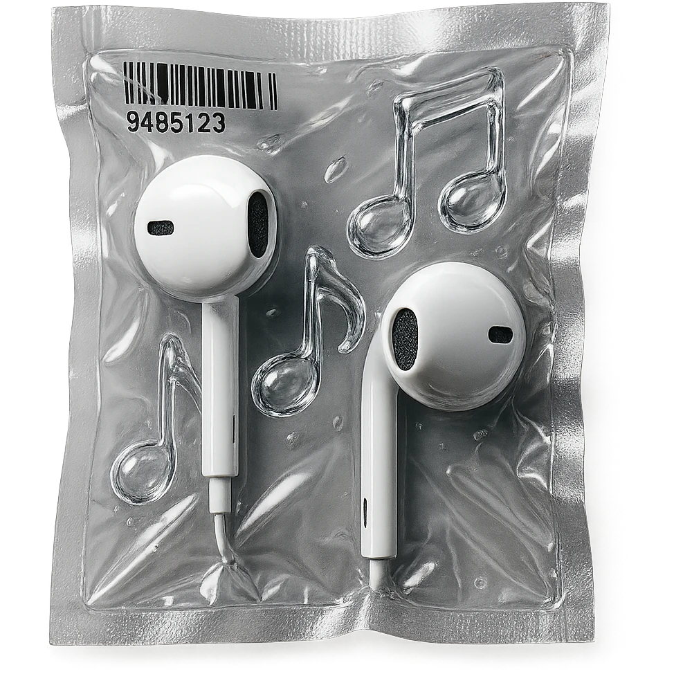 pair of white EarPods with three floating glass music notes in transparent crystal style, shiny and puffy emoji