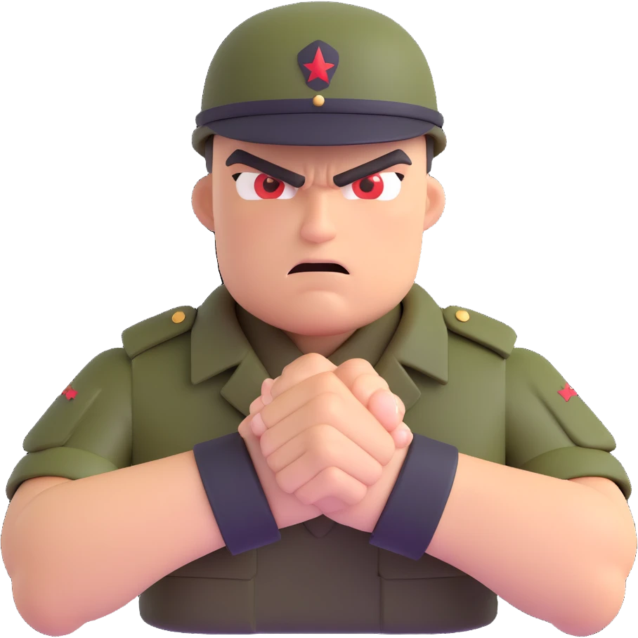angry soldier, clenched fists, angry eyes emoji