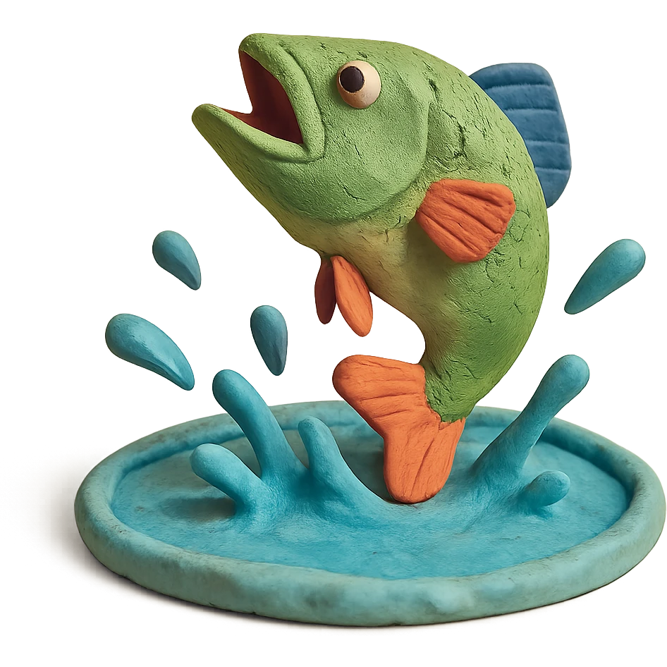 bass jumping out of a pond with water splashes, playful and colorful, claymation style emoji