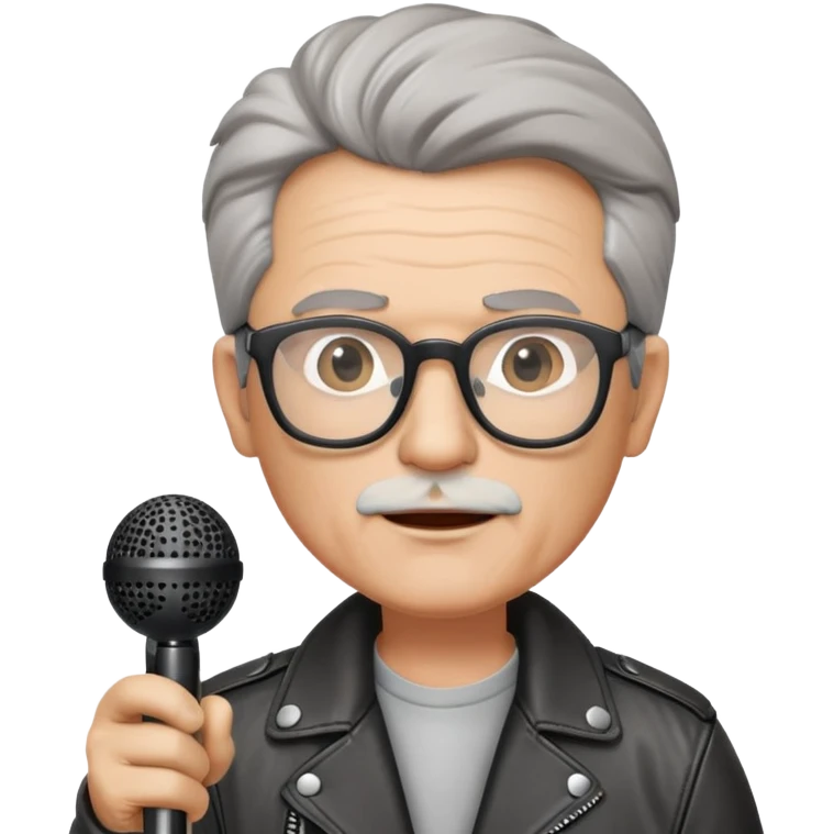 58 year old man with salt and pepper hair, glasses, leather jacket, and microphone  emoji
