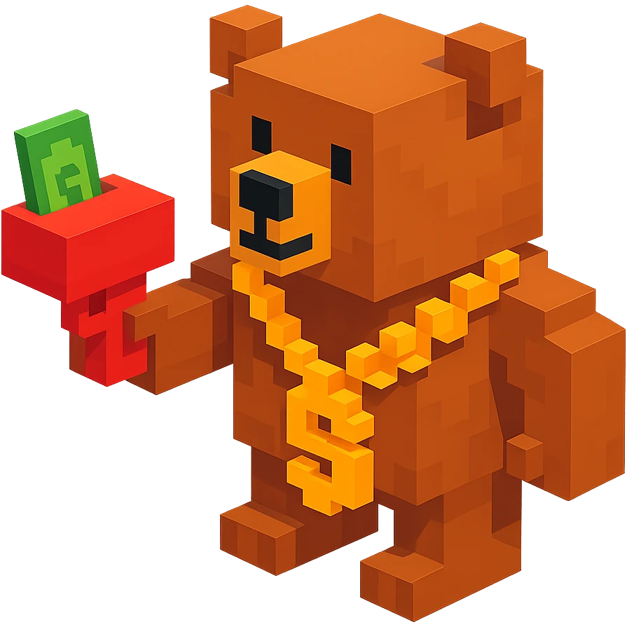 Russian grizzly bear wearing a rapper chain and holding a money gun emoji