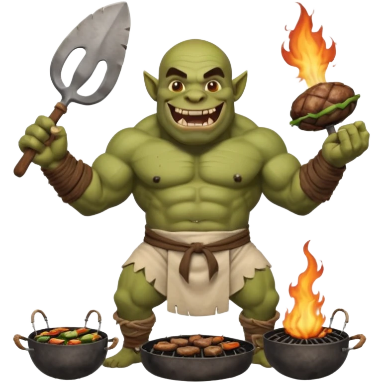 ork male master chef flipping huge kebabs on stone barbecue, muscular, loincloth or shorts, big tusked grin, smoke, centered emoji emoji