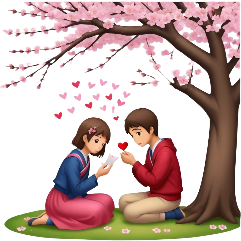 Japanese high school boy confessing love to a girl under cherry blossom tree with love letter emoji