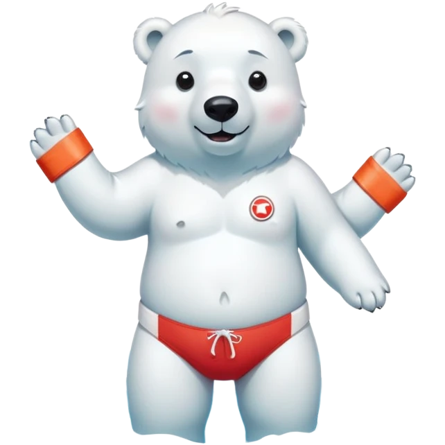full body friendly anthropomorphised polar bear smiling, wearing colorful swim shorts, red and white life buoy around waist, swim goggles, standing in small pool of water emoji