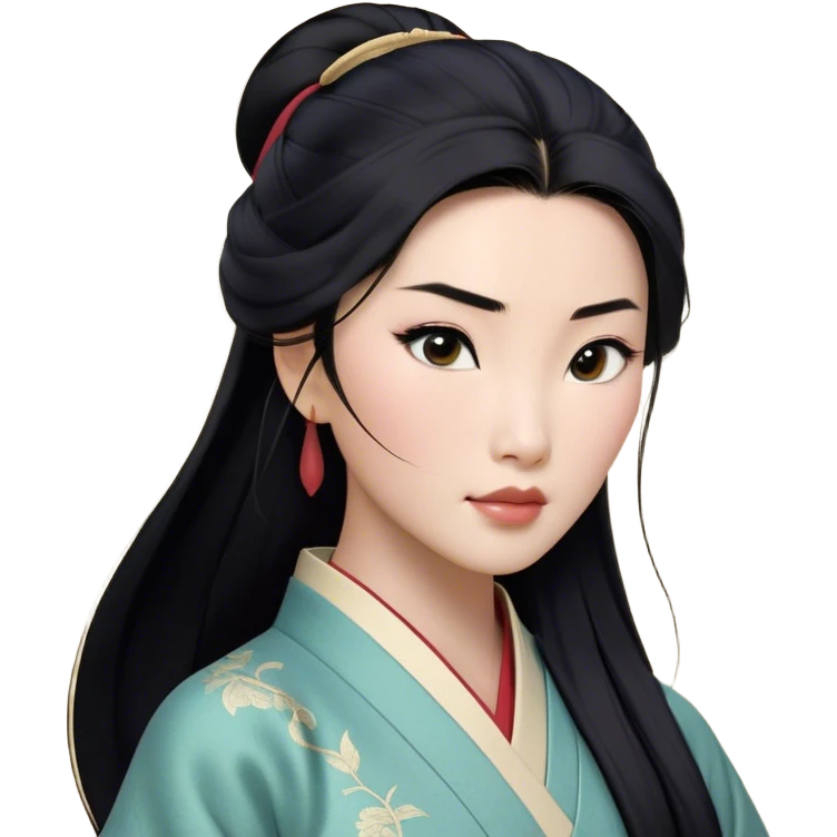 Cinematic Realistic Mulan Portrait, depicted with lifelike skin texture, soft natural lighting, and intricately detailed long black hair styled elegantly. Her deep, expressive eyes exude determination and grace, complemented by a serene yet confident expression. She is dressed in her classic attire, with rich fabric textures and delicate folds that catch the light beautifully. The portrait features a soft, enchanting glow with a natural, radiant finish, capturing the essence of timeless strength and beauty in a realistic and painterly style, evoking a sense of depth and authenticity. emoji