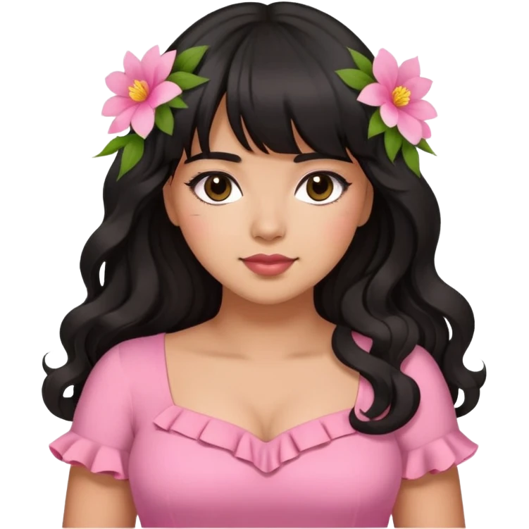 Latina girl with bangs black long wavy hair plus size with a pink dress and flowers emoji
