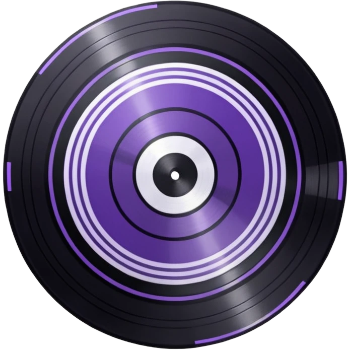 black pixel art vinyl record with a purple and white striped middle label, pixel art, as if you were looking at it from an angle emoji