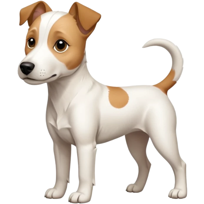 a full body facing front on of a buff white parson russell terrier looking dog the size of a kelpie with light brown long ears resting on its face and a light brown patch on one eye and a large snout. the rest of the dog is completely white.  emoji