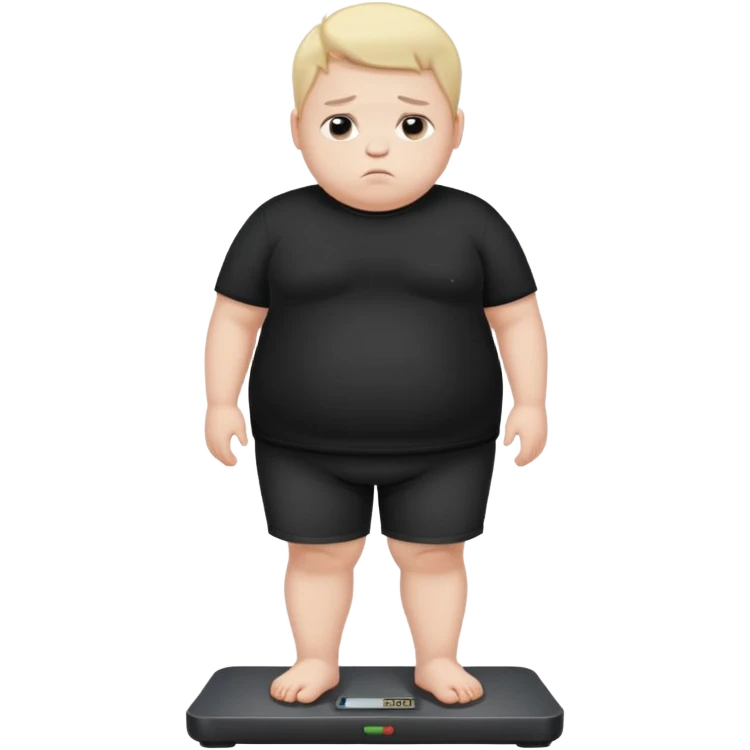 sad fat young boy in black t shirt on weight scale  emoji