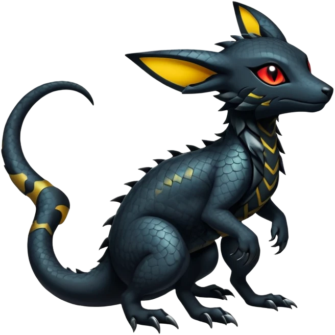 Sophisticated Modern Gothic Gloomy Futuristic Scaly Cyber-Salandit-Umbreon-Litten-Hybrid (Full body) emoji