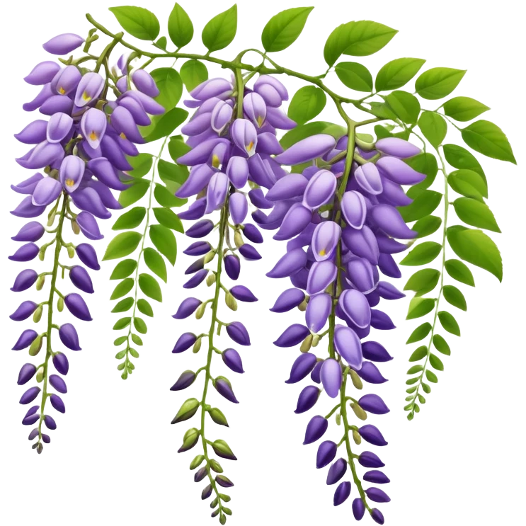 Wisteria raceme with mixed blooming stages - some flowers fully open in purple, others still in bud stage, hanging gracefully with green leaves emoji