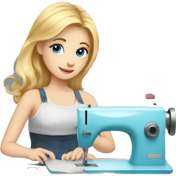 blonde girl with blue eyes working with sewing machine with cat on the floor emoji