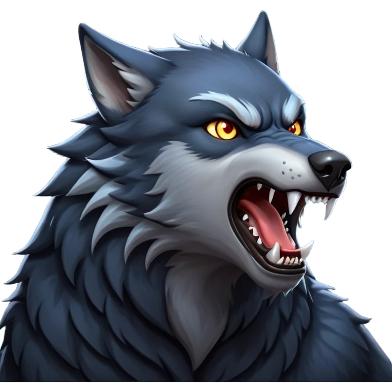 cinematic-noble-fierce-werewolf-howling-portrait-emoji, poised-and-imposing, with a fierce wolfish face tilted upwards in a haunting howl, glowing eyes full of primal ferocity, sharp, and a rugged snout, fur rippling in shades of midnight black and silver, muscles tensed as the powerful howl echoes beneath the moonlit sky; rendered with realism, capturing the raw, untamed power of the beast in its wild, primal state emoji