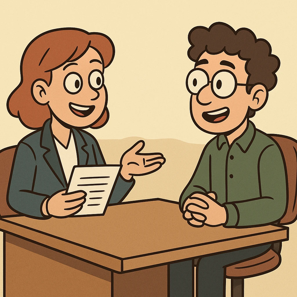 cartoon style illustration of a job interview, two people sitting across a desk, one asking questions, the other answering, friendly atmosphere emoji